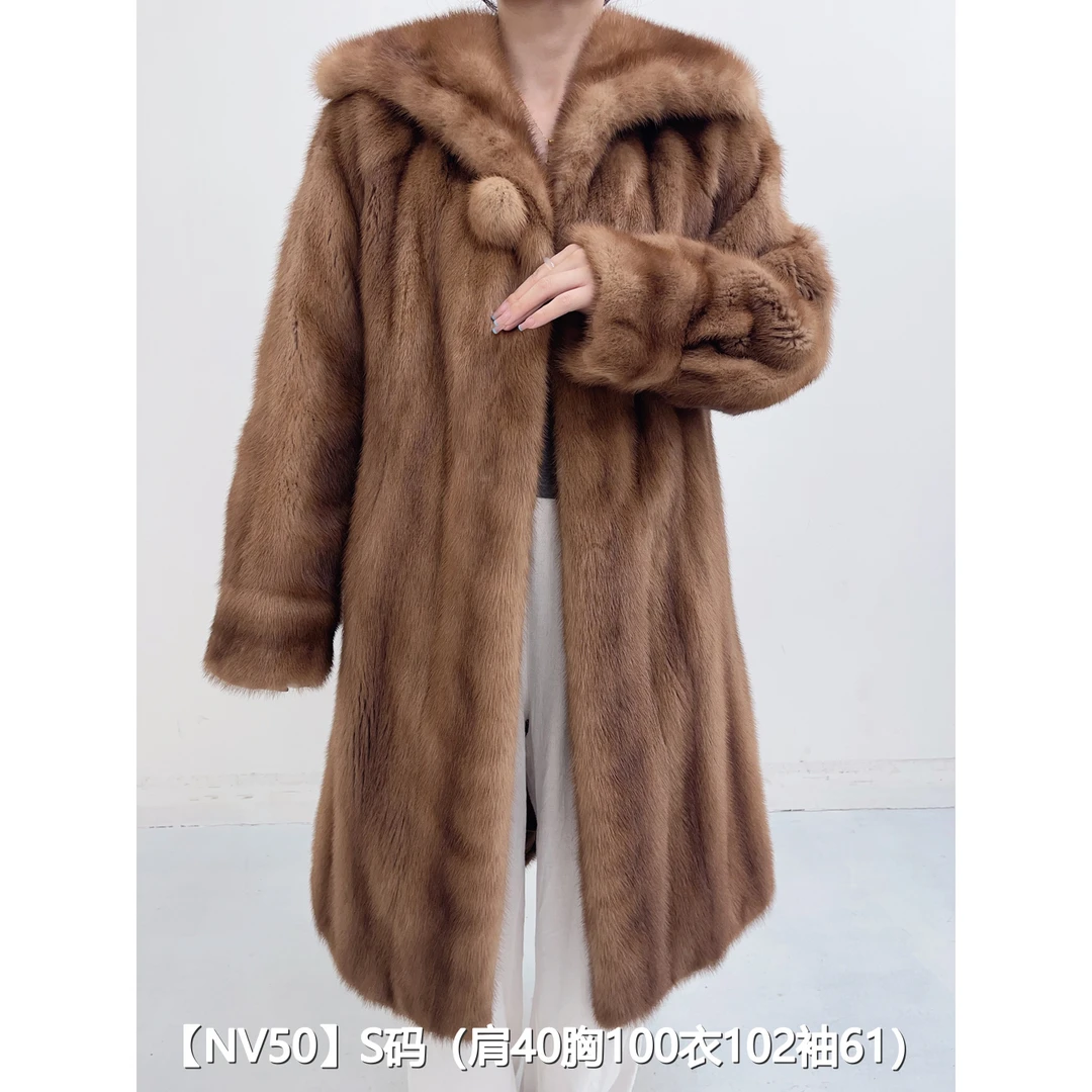 【NV50】S 奶茶棕长款全抽貂皮水貂外套女 披肩领泡泡袖 20050