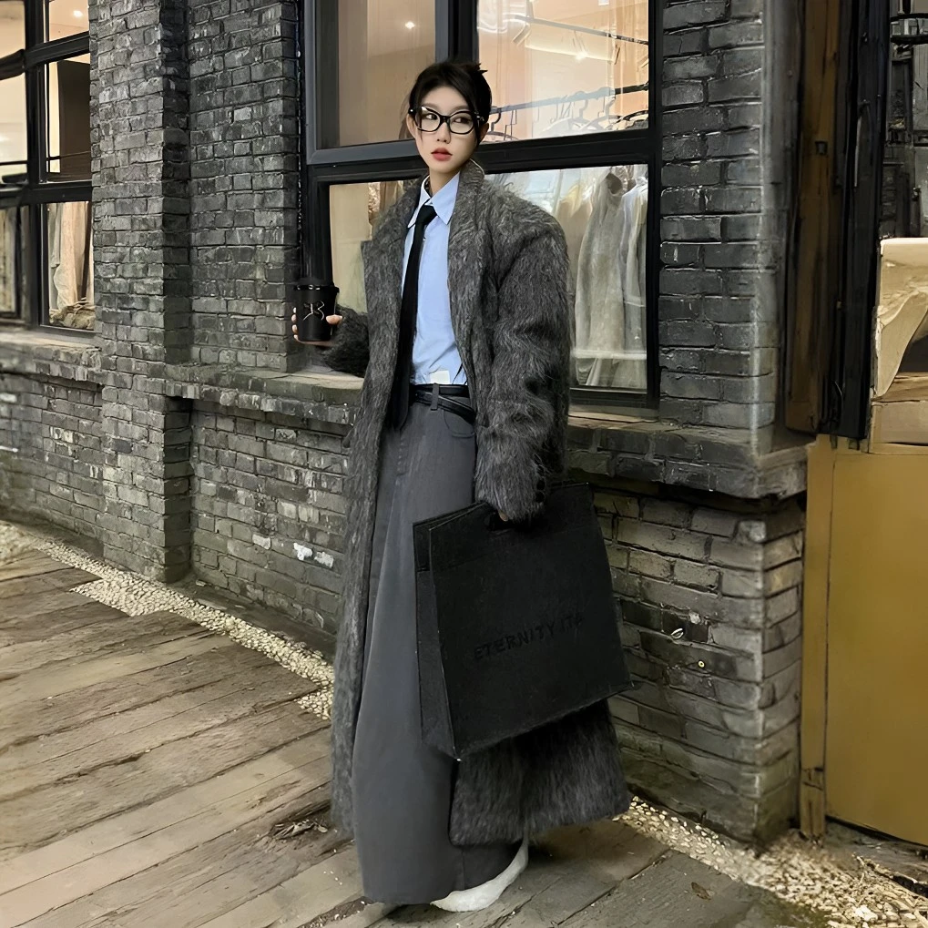 富家千金毛呢外套女秋冬西装领高个子高级感洋气长款呢子大衣复古