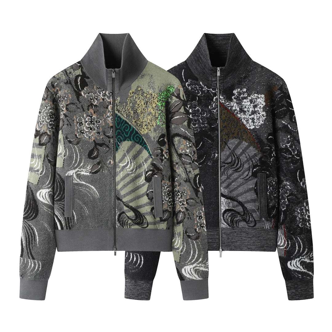 【Y2253】新品针织开衫复古国风重工提花拉链立领长袖毛衣外套女