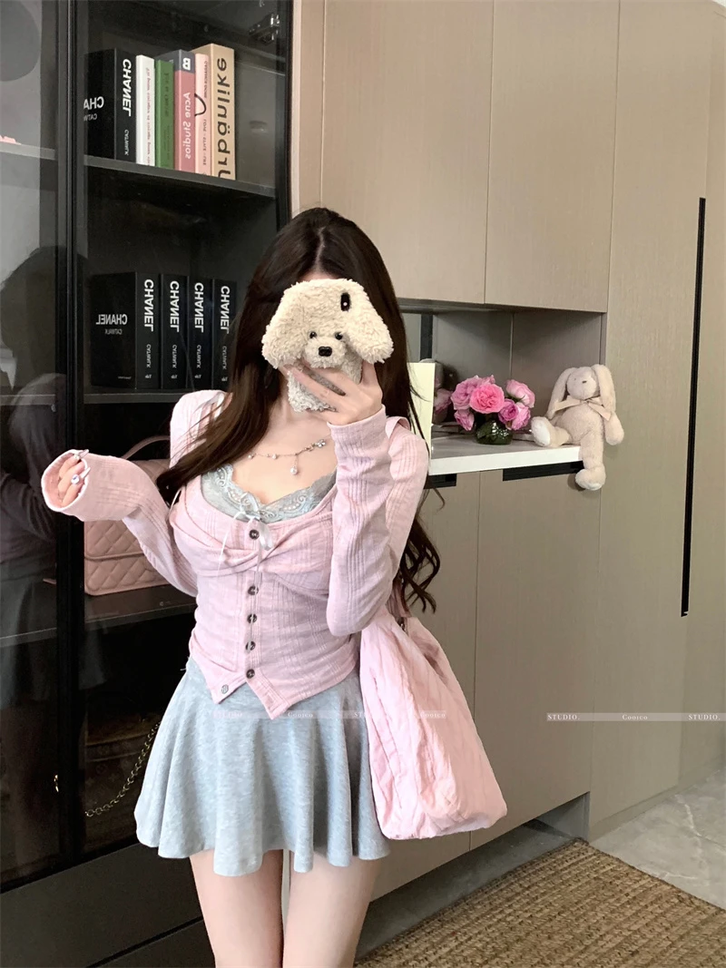 纯欲甜美韩系套装女早秋2025新款针织开衫吊带背心A字短裙三件套