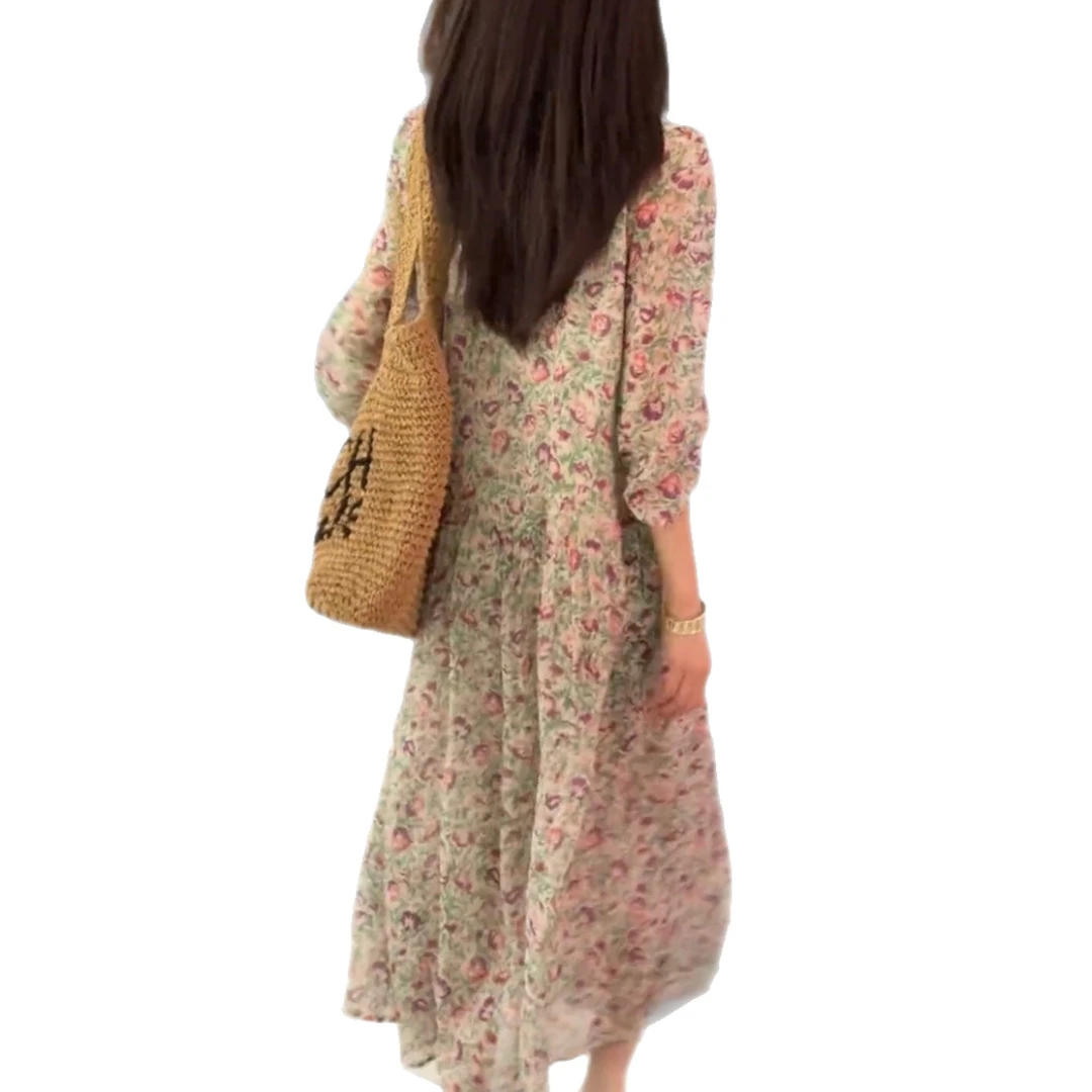 中长款波西米亚连衣裙2025夏现货腰果花 新款女装秋季时尚v领长袖