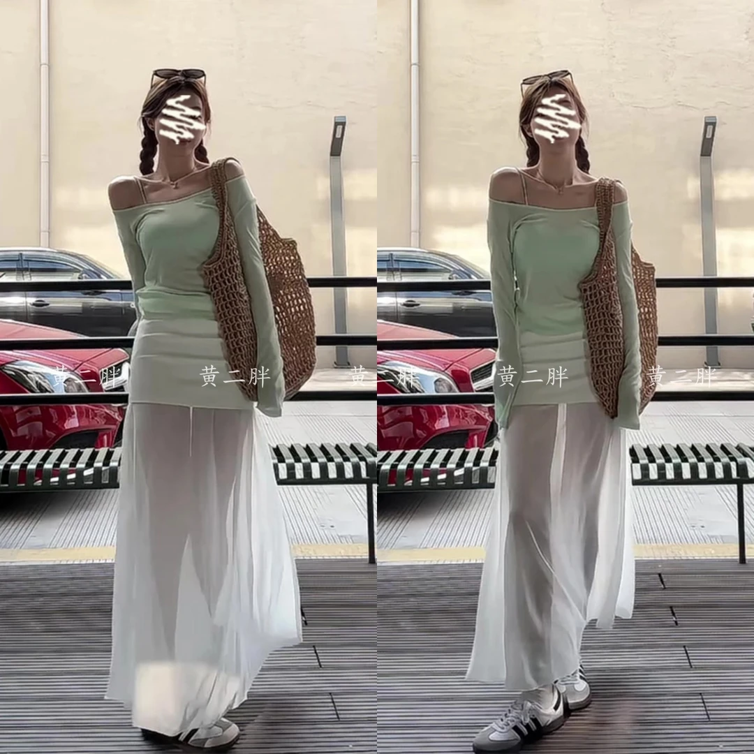 2025春季新款法式气质薄款露肩长袖上衣修身吊带设计感高腰半身裙