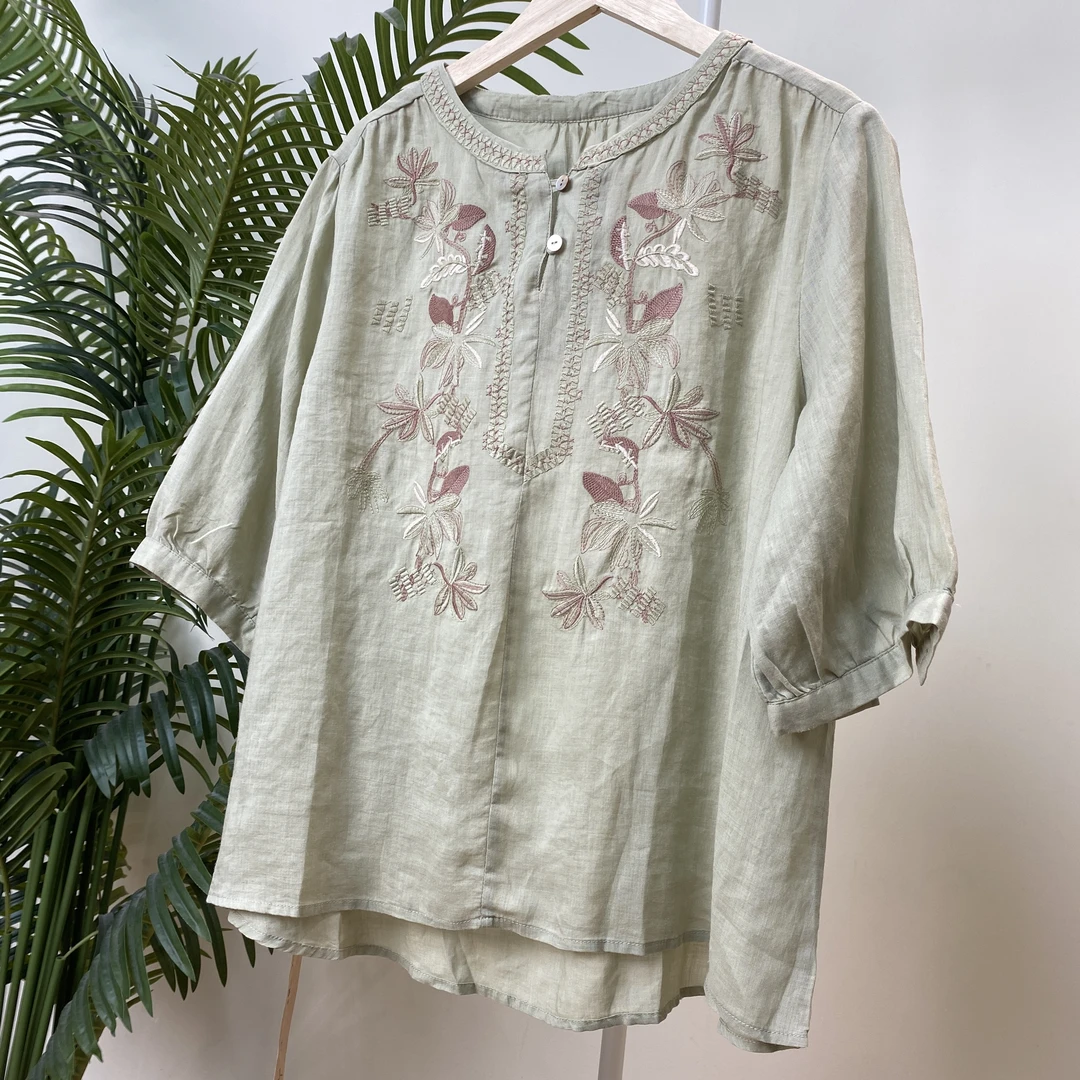 【七分袖清新刺绣提花苎麻衬衫】2916