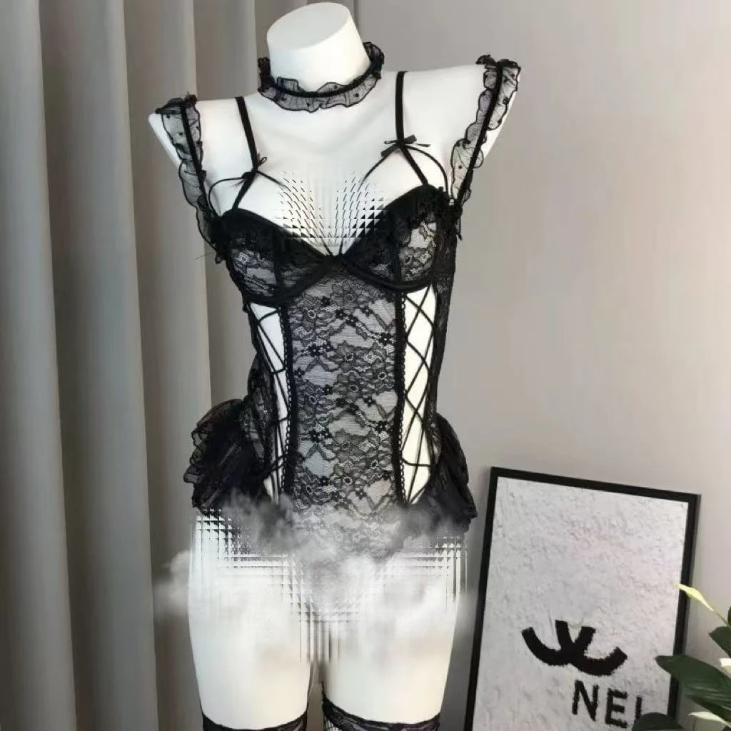 网纱蕾丝透视性感吊带裙纯欲束腰女睡裙