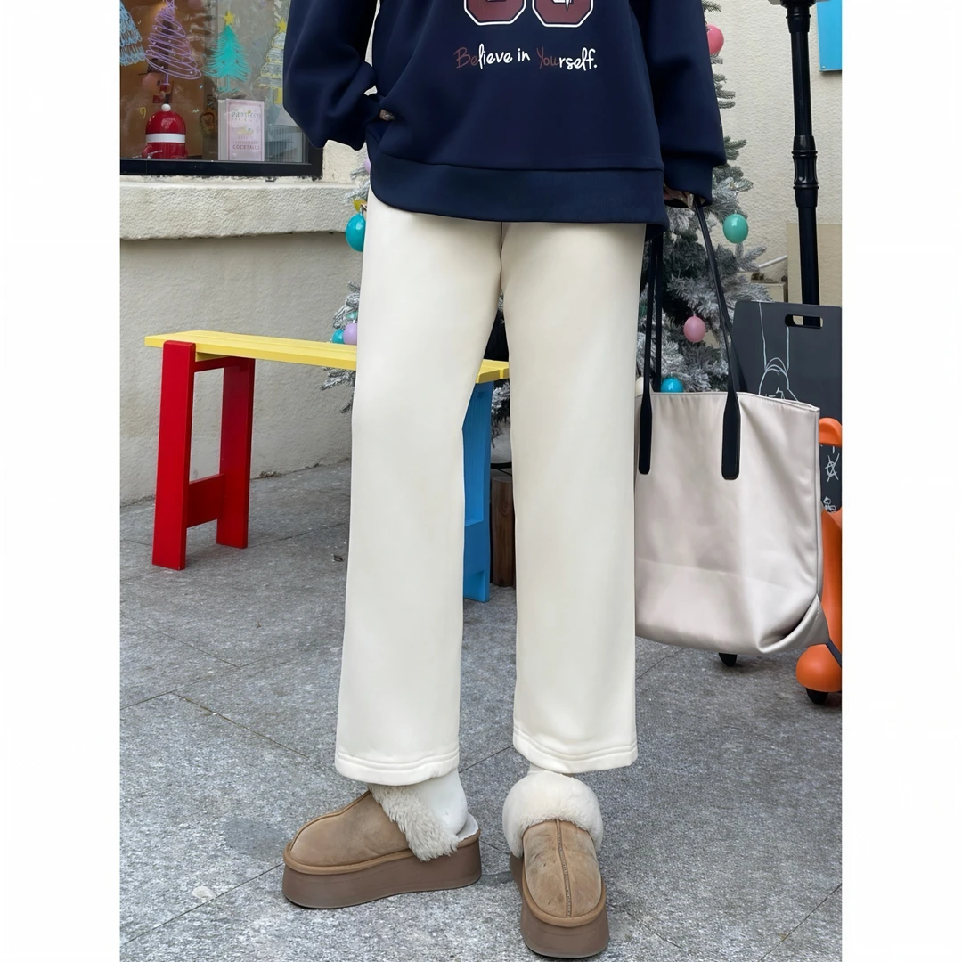 花契“威士忌酸”大码女装冬季简约200斤胖mm加绒法棍牛仔裤2834-C