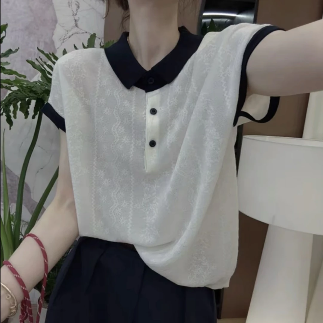 莱赛尔天丝法式韩版提花POLO领飞飞袖翻领针织衫上衣百搭修身时尚