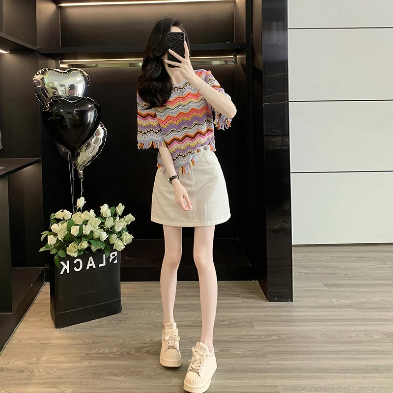 多巴胺彩虹条镂空短袖女套装夏季洋气流苏针织衫高腰牛仔半裙短裙