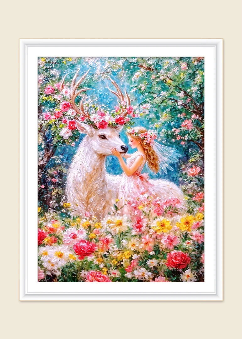 新疆长绒棉布，白鹿仙子70*90大格十字绣精准印花，印花清晰