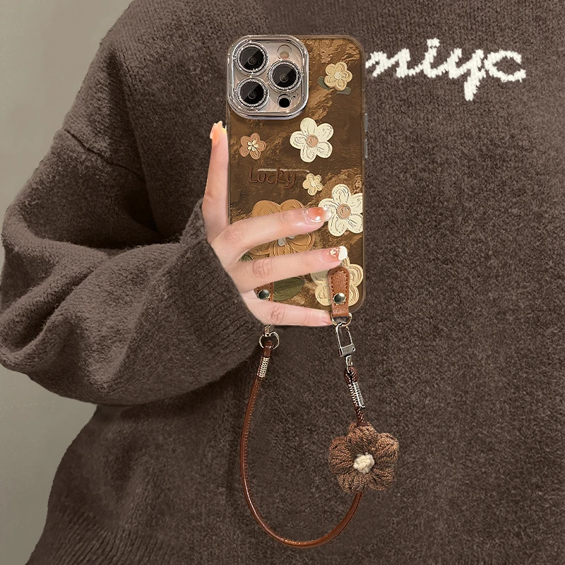 油画小花适用苹果17华为vivo/oppo小米iPhone16精孔冰川纹手机壳