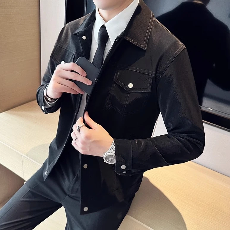 CATIA SELI高级感翻领纯色皮质夹克男士2025秋季新款修身皮衣外套