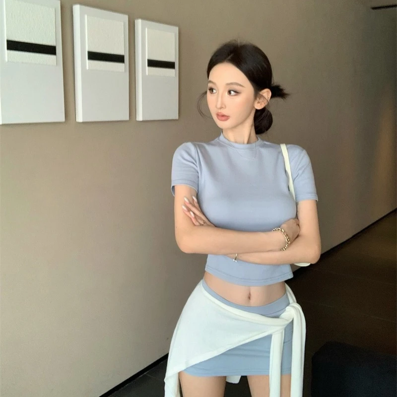 韩系舒适针织披肩时尚短袖百搭修身三件套短款#22710上衣打底显瘦