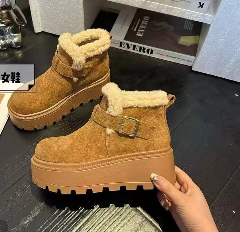 勃肯鞋女鞋加绒保暖松糕底雪地靴羊羔绒乐福短棉靴