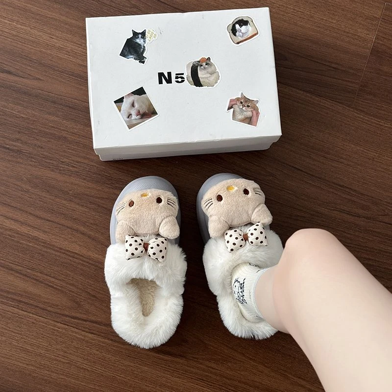 时尚厚底一脚蹬卡通绒布毛毛拖女2025冬季上新加绒保暖包头拖鞋爆
