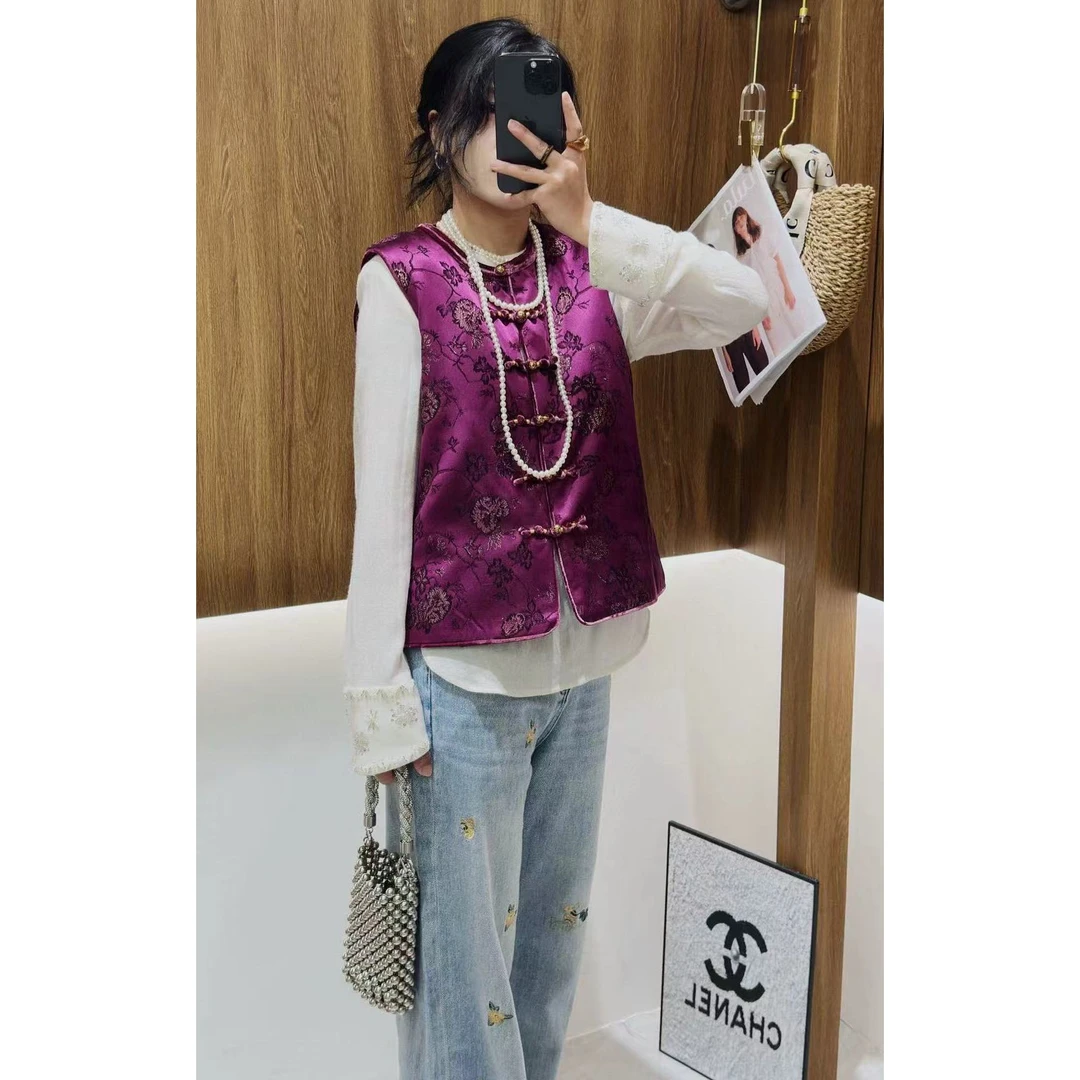 Mozch 真S羊M金丝提花拼丝绒扣轻奢中式马甲【长58】370