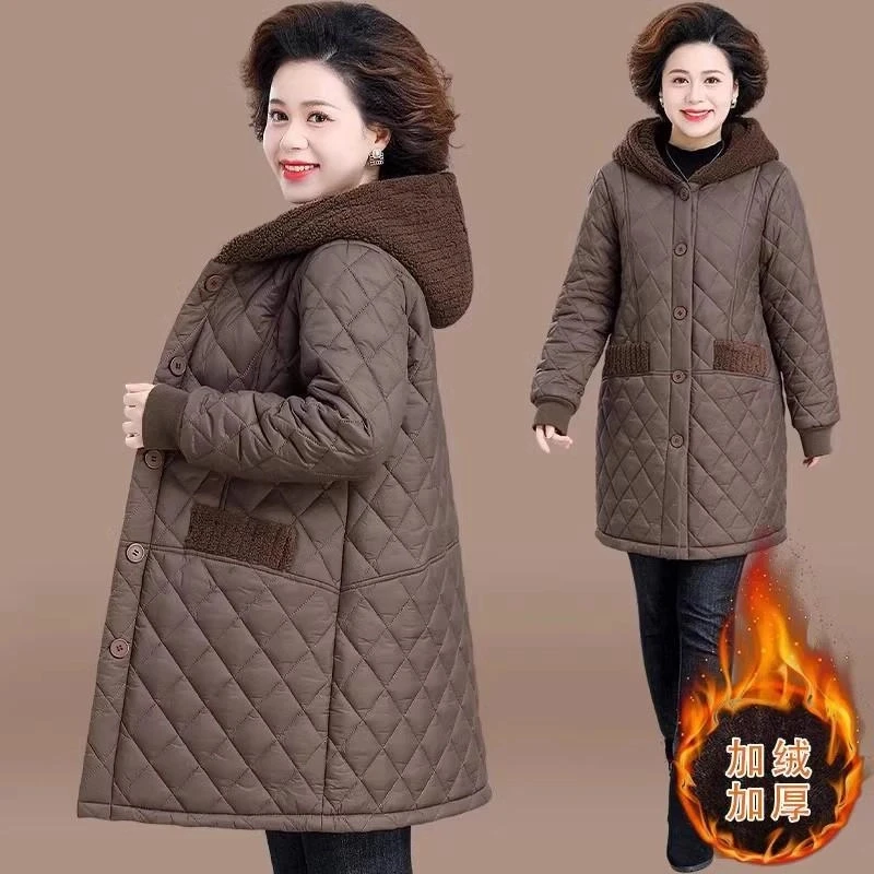 罗蒙妈妈冬装棉衣加绒加厚中长款洋气棉服新款中老年人老奶奶冬装