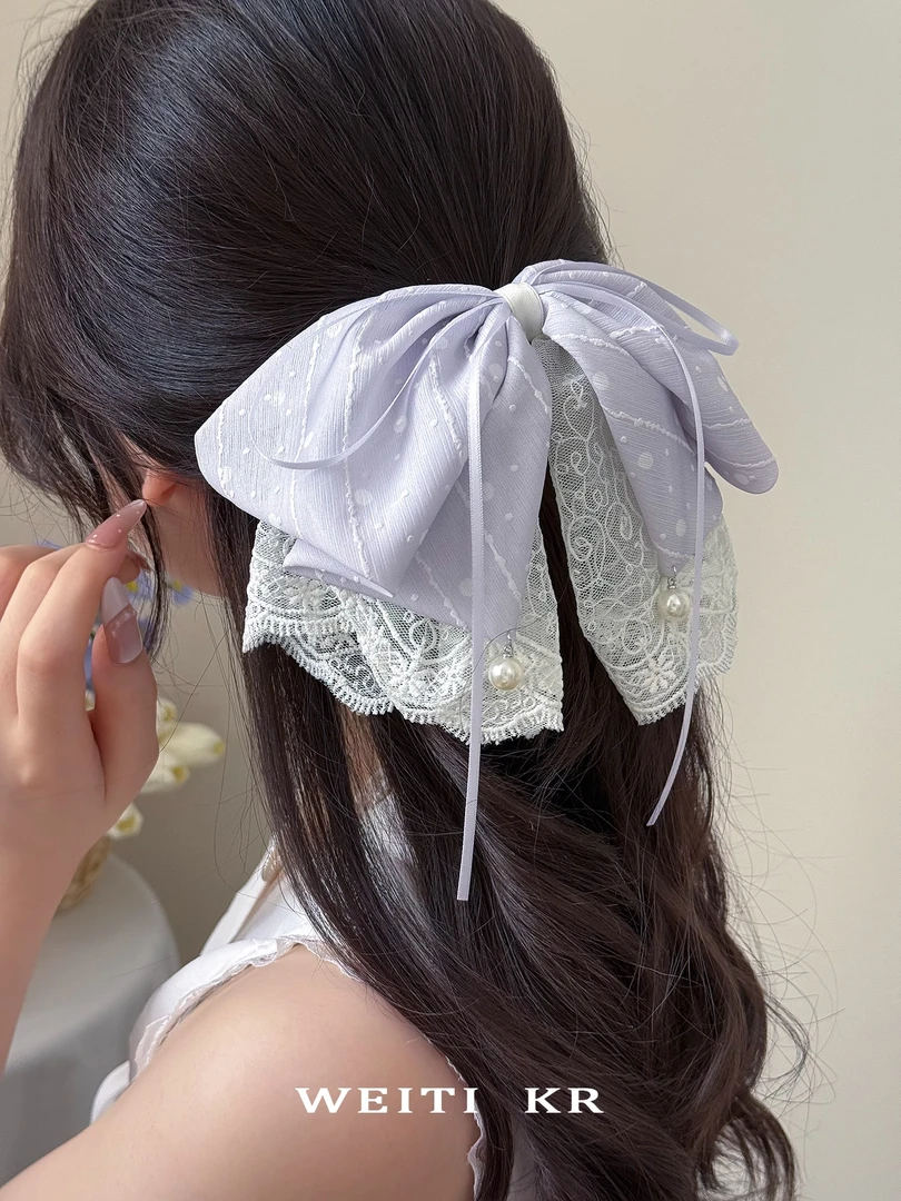 超仙浅色波点条纹雪纺马尾夹夏日清新蝴蝶结抓夹甜美气质蕾丝发抓