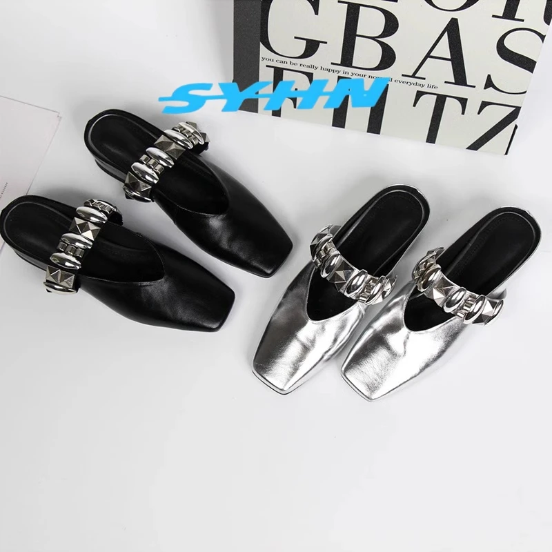 甜酷英伦风金属单鞋女2025欧洲站内增高外穿包头拖方头一字带半拖