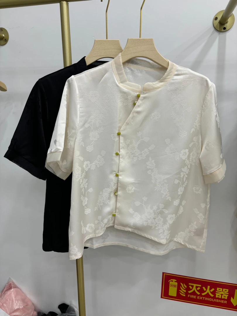 夏季提花显瘦丝缎新中式短袖衬衫打底衫