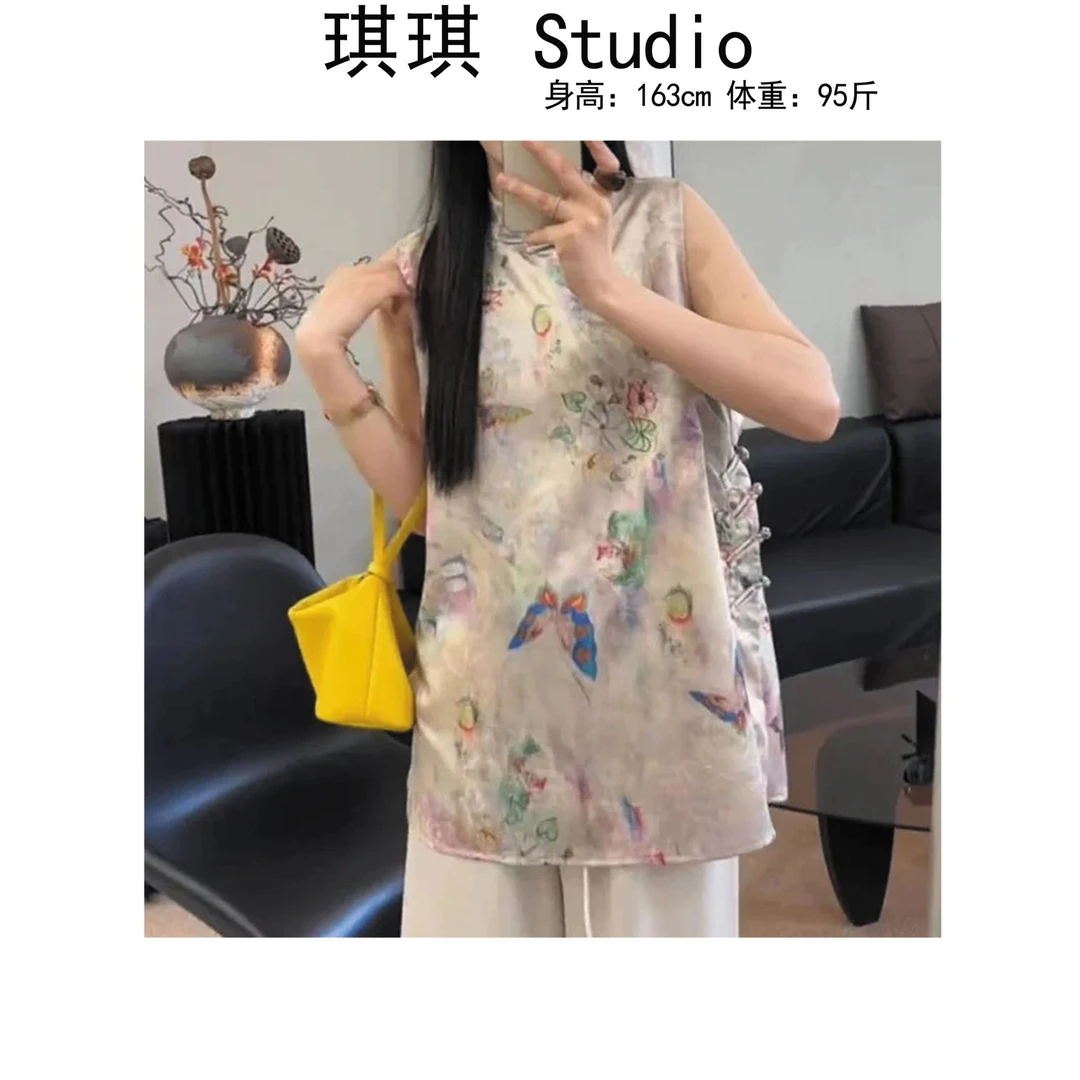 《琪琪家》夏季新款轻奢高级国风盘扣拼色显瘦减龄无袖上衣88150-H