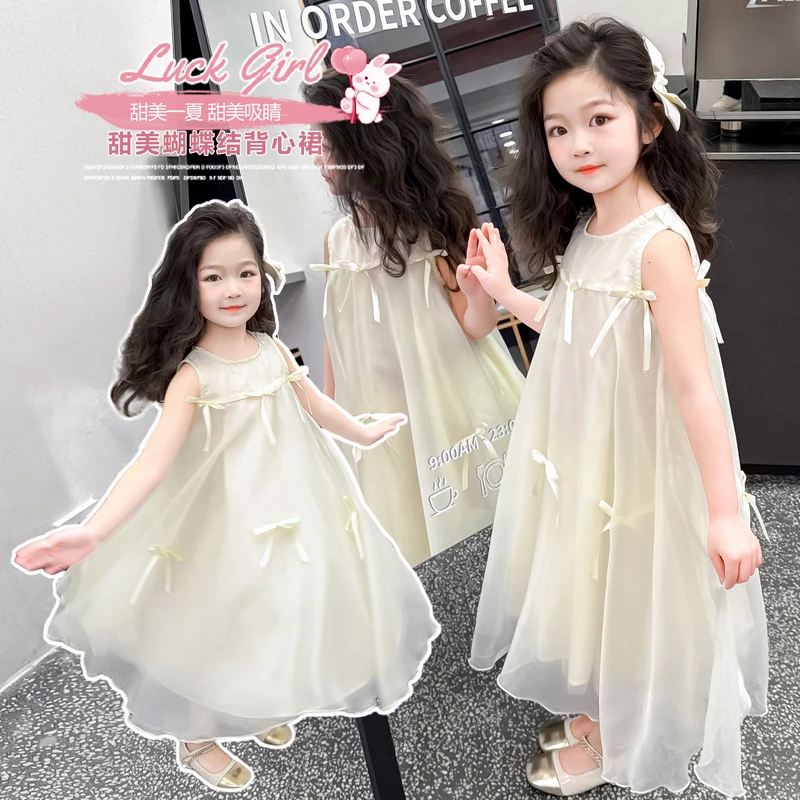 女童连衣裙2025夏季新款韩版甜美公主裙蝴蝶结网纱清凉小女孩童装