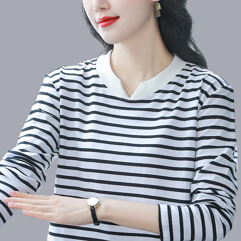 【新疆棉】春秋新款纯棉长袖t恤女洋气百搭黑白条纹上衣大码遮肚衫