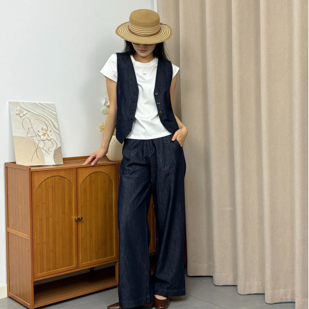 AISEE雅Y同源同款无袖休闲百搭短款亚麻天丝牛仔马甲裤子套装007