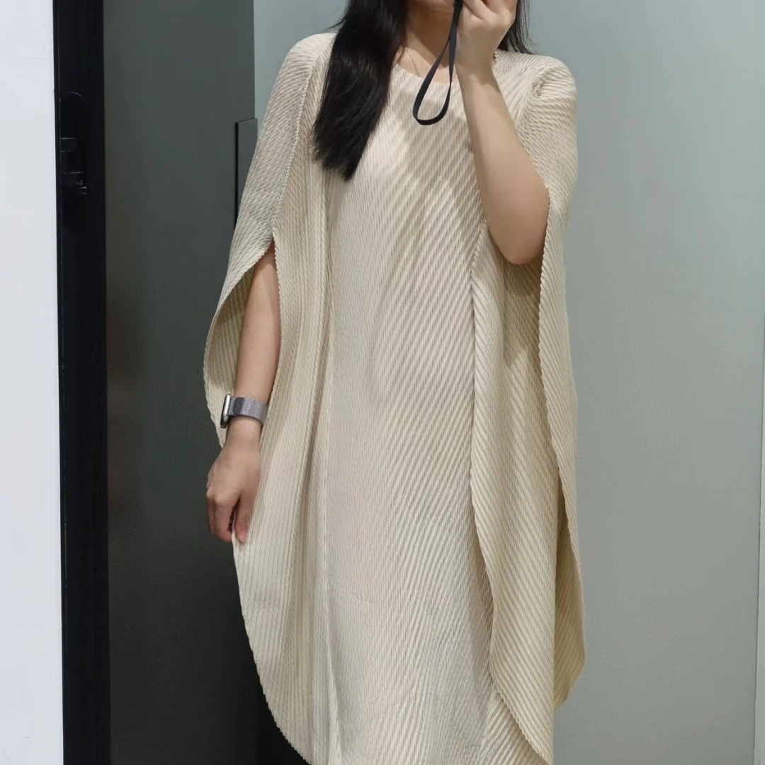 PLEATS OPTIONS宽松腰圆领夏季常规大码连衣裙挂脖无袖中长裙长裙