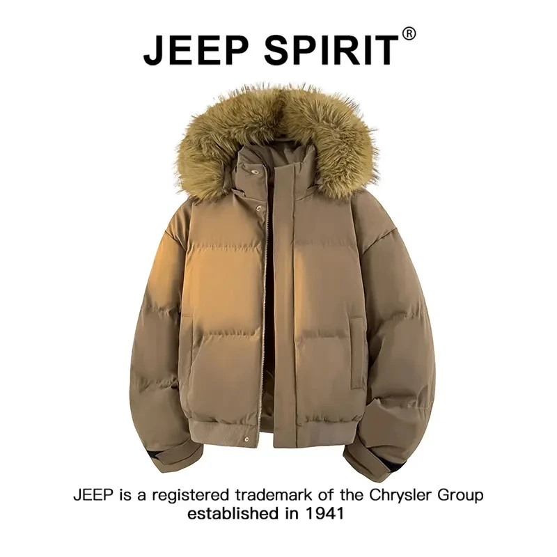 JEEPSPIRIT吉普美式复古毛领棉服男秋冬季新款纯色宽松休闲厚外套