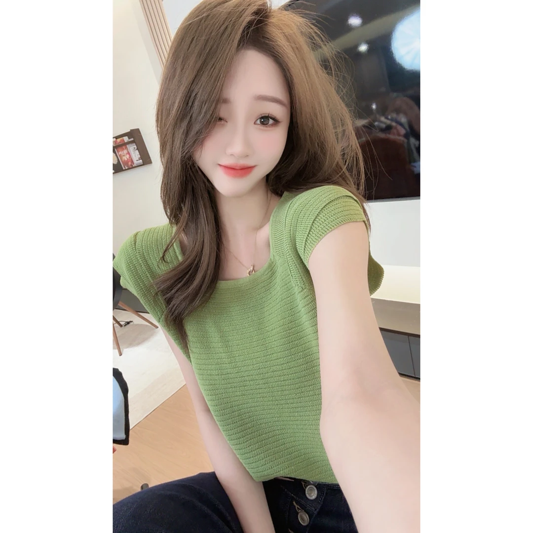 【陈陈私服】洋气设计感上衣减龄显瘦拼接短袖针织衫25041202