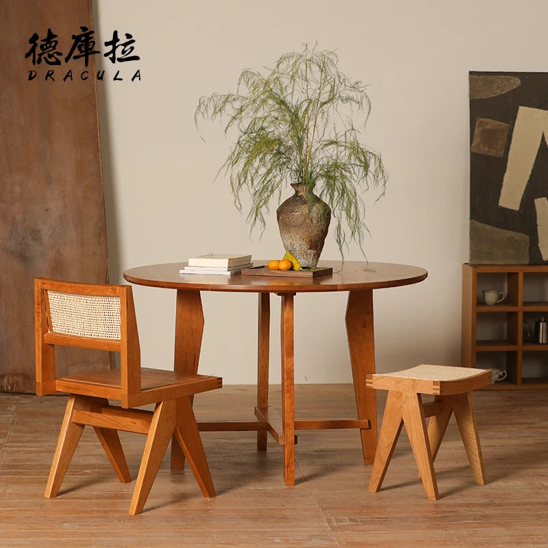 北美樱桃木圆桌昌迪加尔餐桌中古侘寂风餐厅圆形饭桌简约餐桌家用