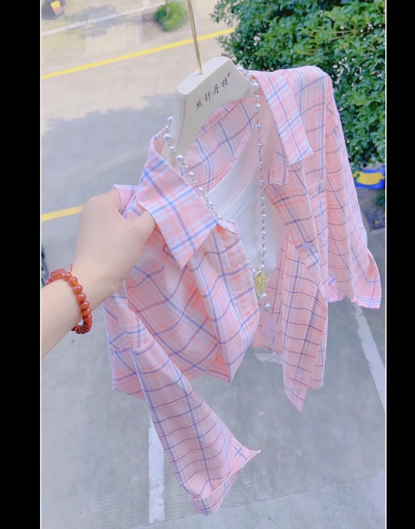 8090小清新粉色格子衬衫女春季薄款防晒衬衣休闲宽松中长款上衣