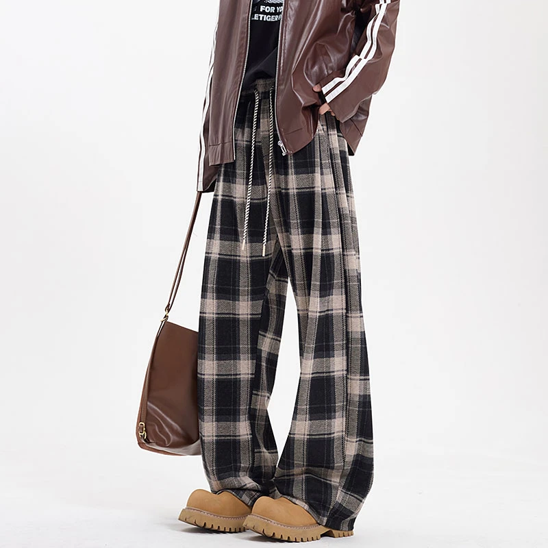 撞色格子抽绳休闲裤子男春秋季美式复古cleanfit小众慵懒垂感长裤