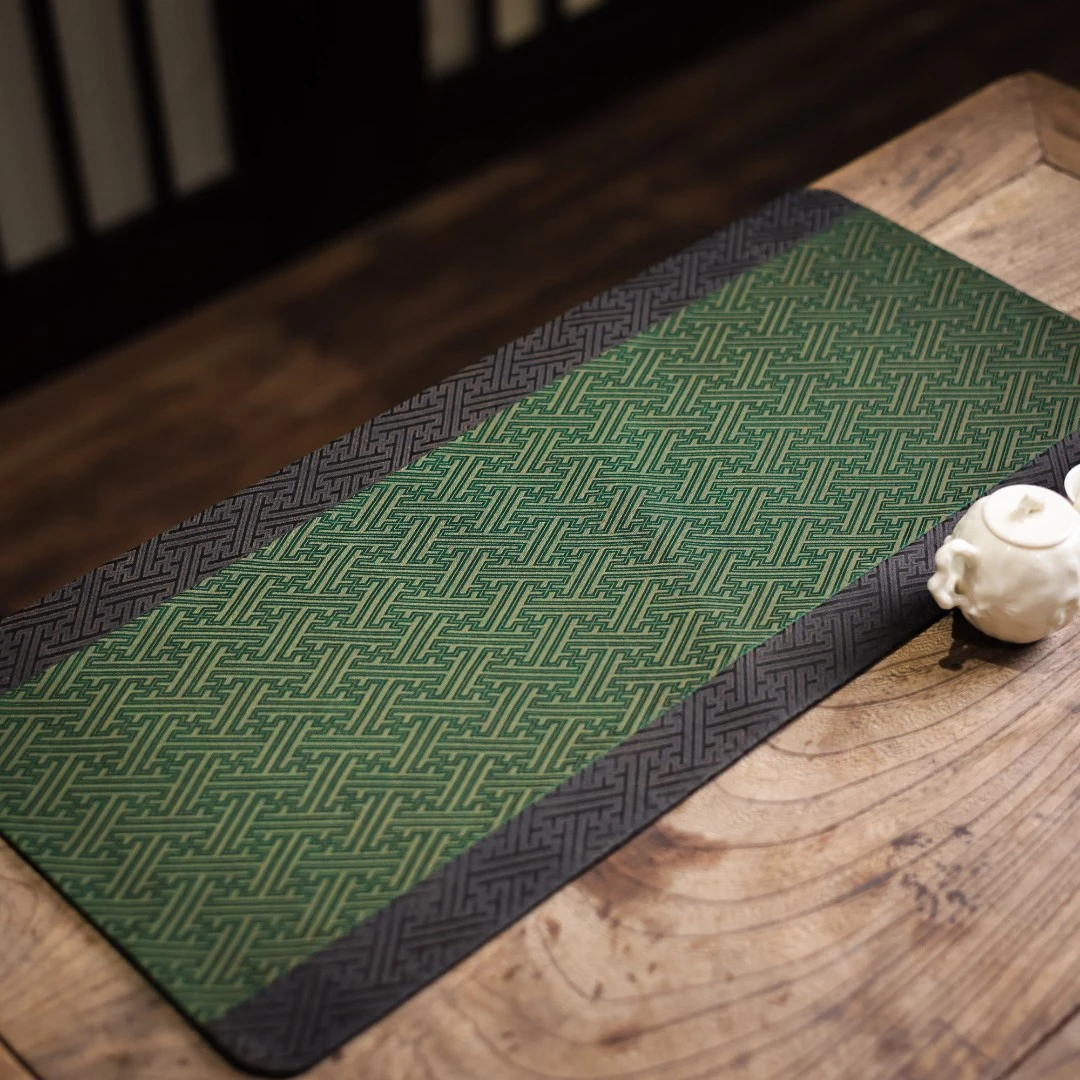 【陶珊居】<回纹>绿色双拼-香云纱-茶席-60*28（慢蓝S0711）