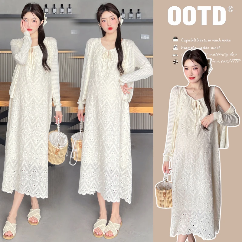 mimi~孕妇装2025早秋新款纯棉蕾丝宽松无袖背心连衣裙＋针织开衫