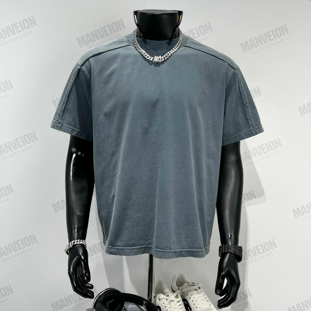 MANVEION水洗做旧t恤夏季拼接小众设计师款休闲短袖重磅精梳棉T恤
