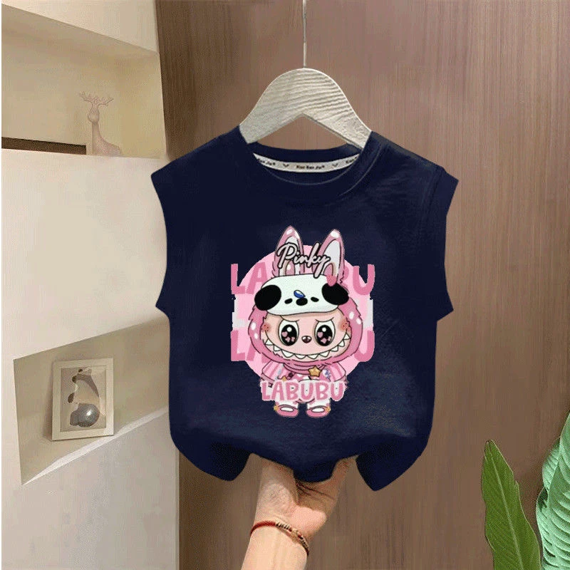 儿童labubu纯棉拉布布新款洋气女童儿童T恤无袖卡通夏季上衣背心t