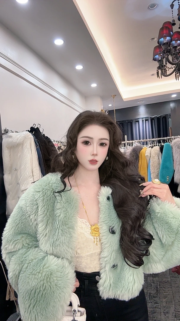 大气元（外套）复古浅绿色毛毛外套