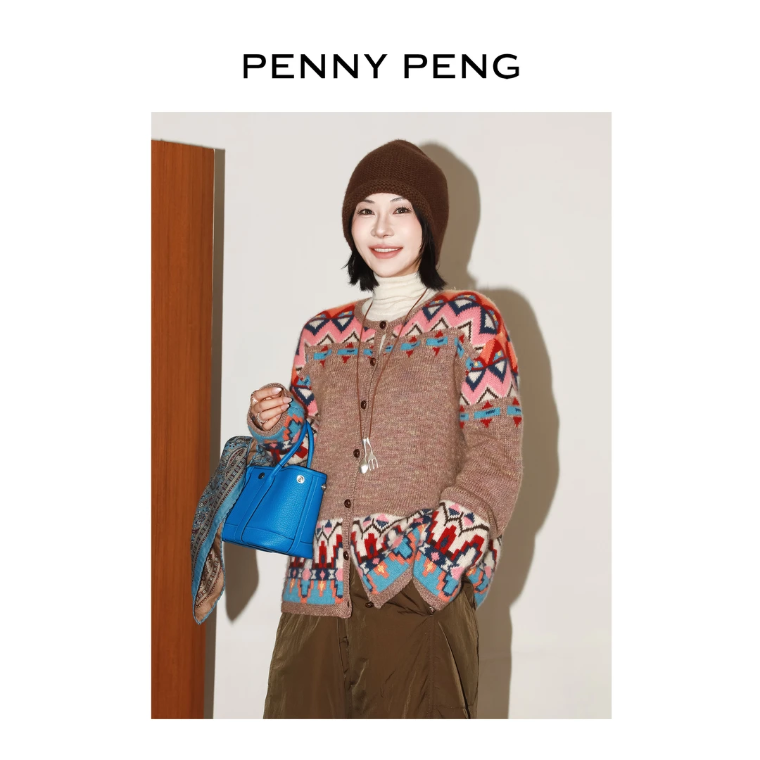 PENNYPENG 暖沙知意 黑标系列秋冬时尚针织复古圆领羊绒长袖开衫