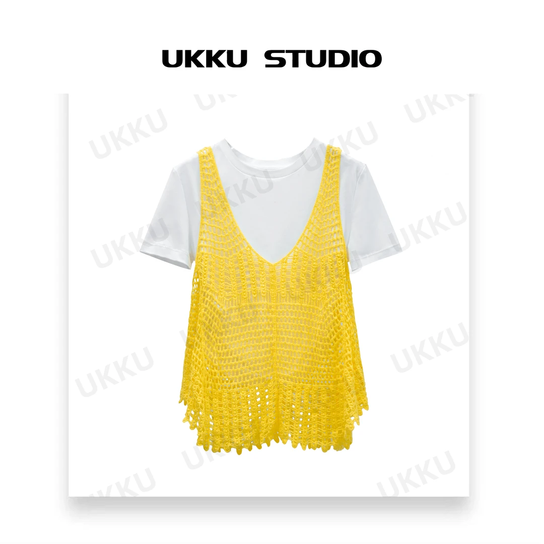 【UKKUSTUDIO】法式赫本风时尚轻奢黄色两件套上衣312482