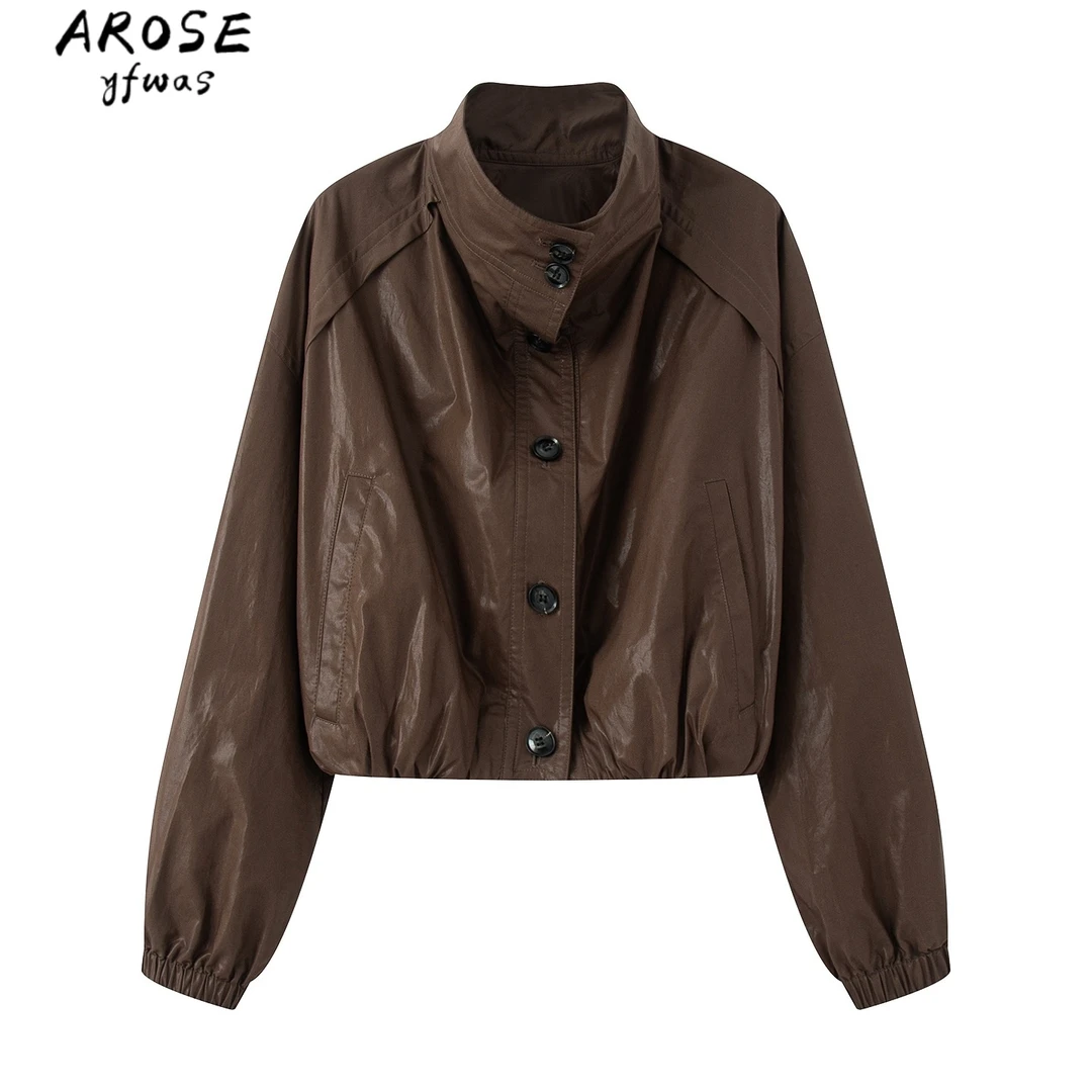 艾诺~2025秋季新款韩版高领单排扣宽松休闲外套夹克女103019