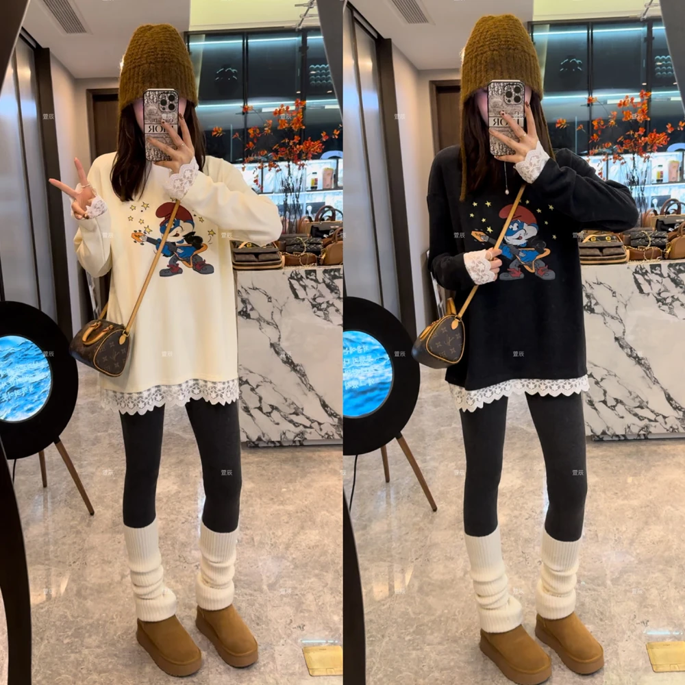 【小矮人】秋冬磨毛绒加厚印花长袖T恤宽松设计感蕾丝拼接上衣#3893