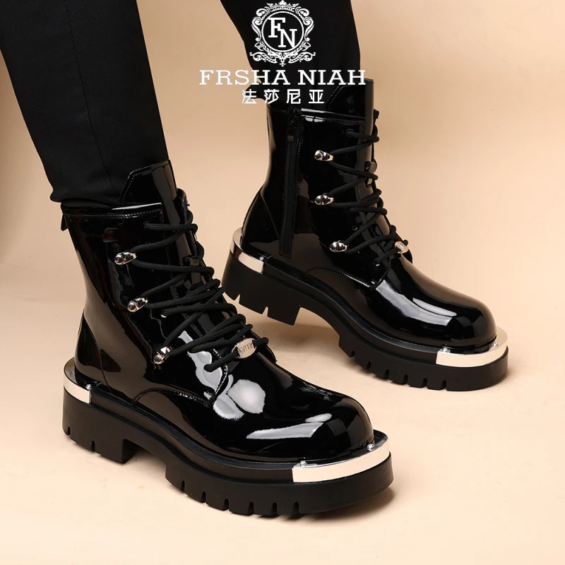 法莎尼亚英伦增高马丁靴男士厚底机车靴秋冬款百搭高帮工装皮靴