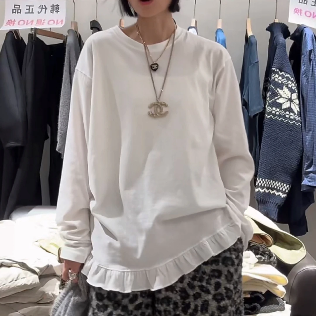 舜~韩代NO退换底摆花边软绵绵打底衫