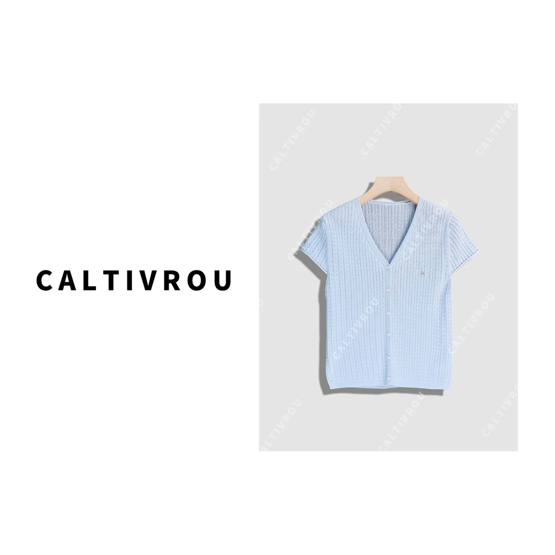 时髦V领绞花针织短袖T恤-Y16675