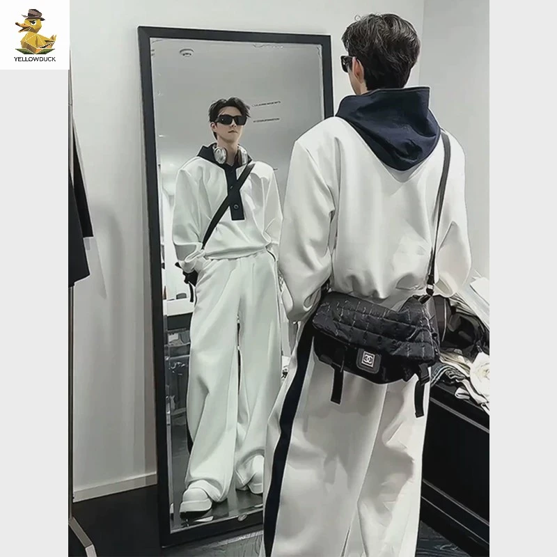 男生酷帅穿搭套装高级感痞帅气男装一整套搭配白色卫衣卫裤两件套