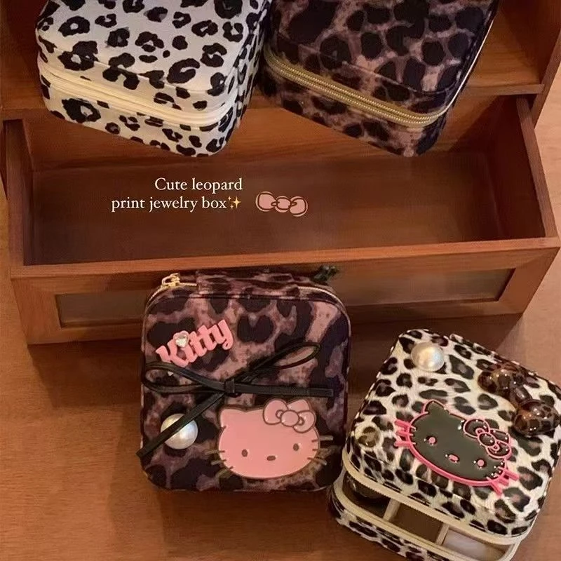 Kitty新款棕色豹纹金边kt首饰盒ins大容量收纳盒戒指耳环项链便携