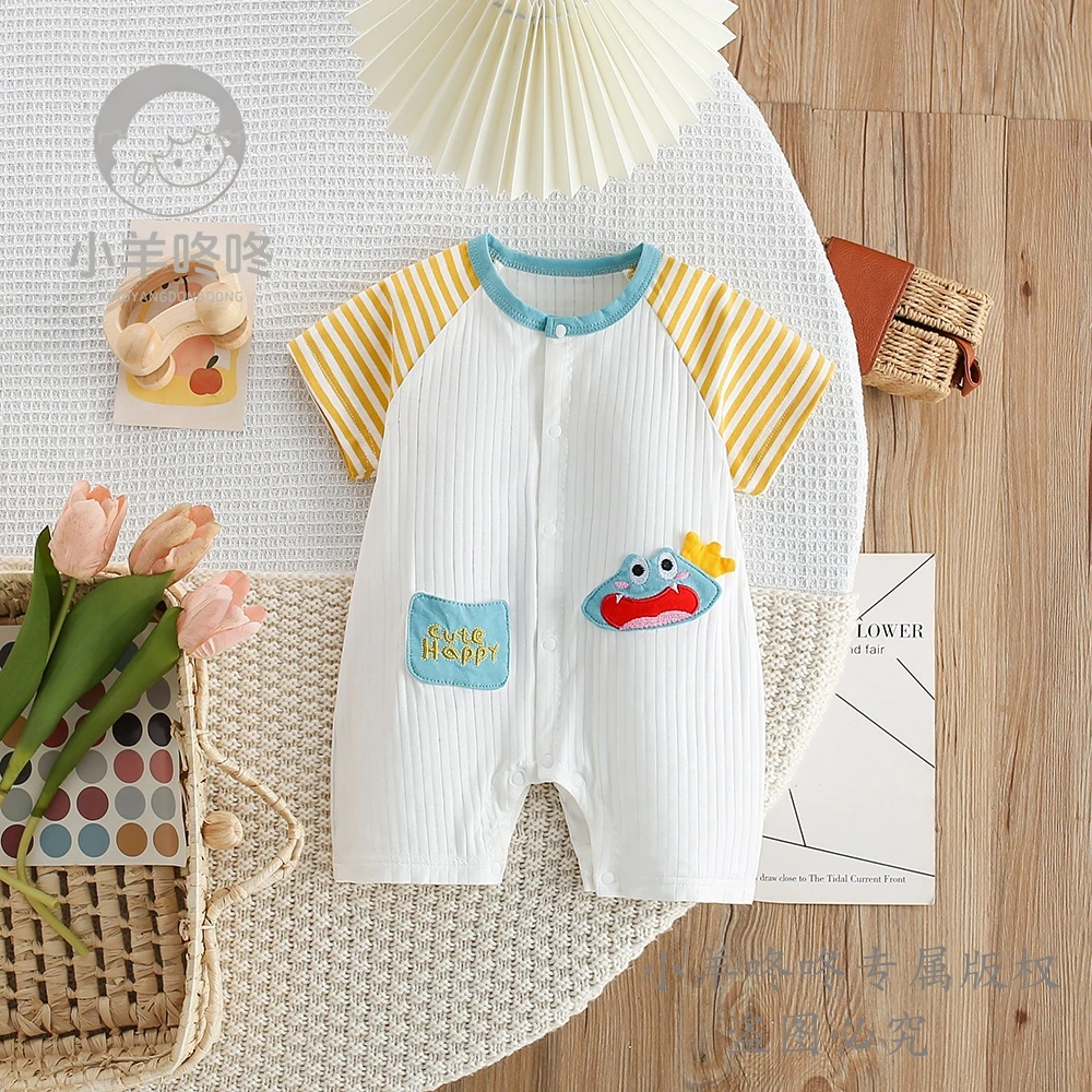 夏季新款WiFi信号的科技龙套头条纹婴幼儿卡通连体衣哈衣外出服