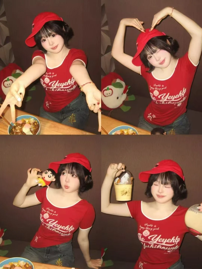 美式辣妹印花拼色不规则短袖斜肩T恤女夏季修身显瘦露肩上衣