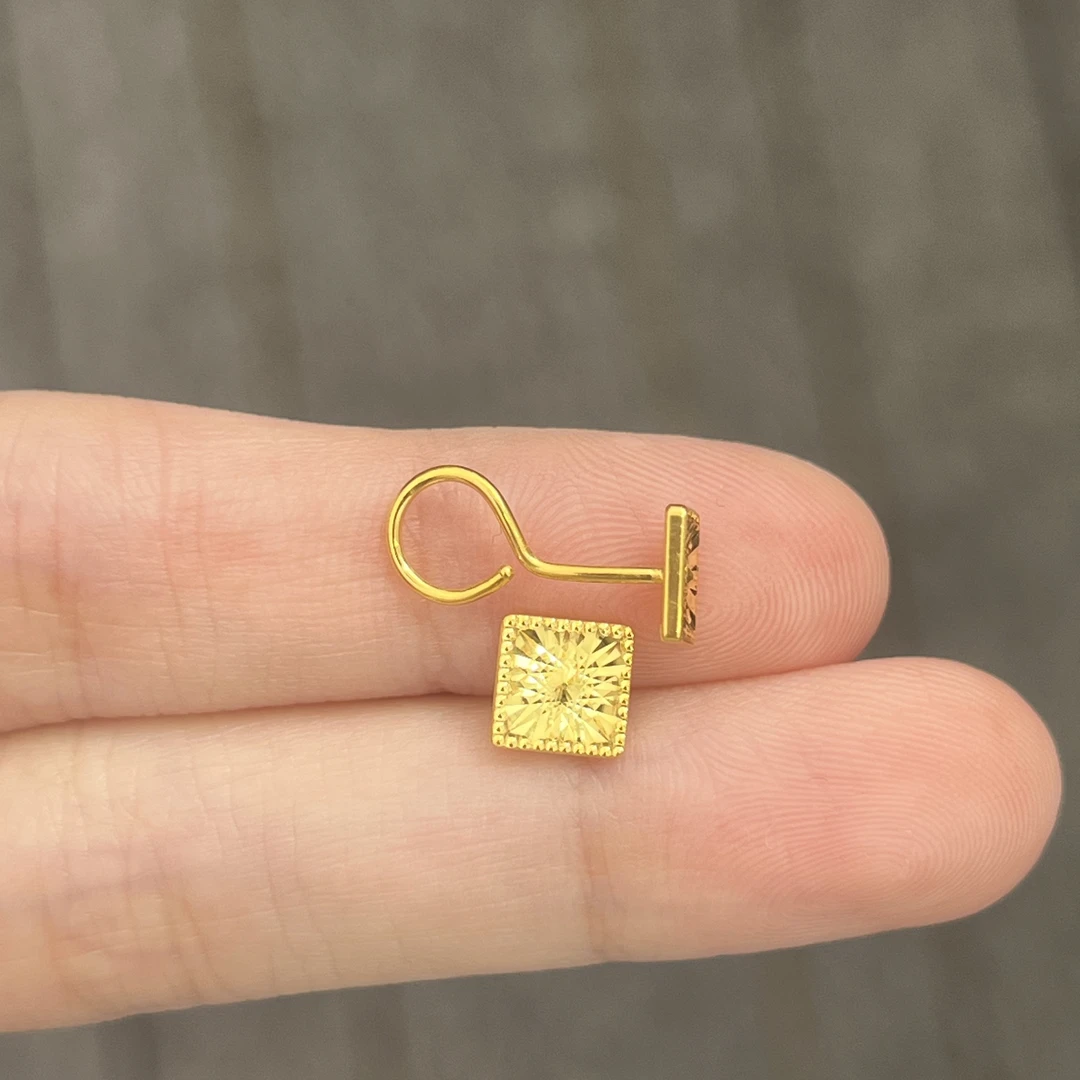 车花方块耳钉弯钩足金999  W
