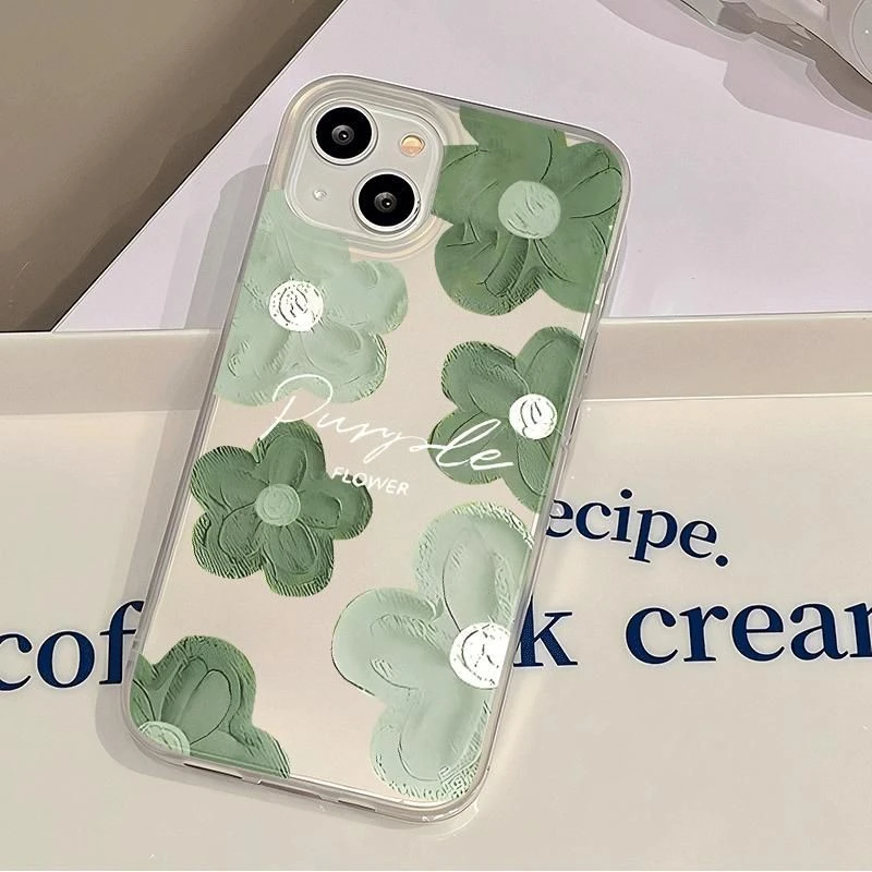 绿油花朵适用苹果16PROMAX手机壳iPhone15大孔14磨砂13新款12高级